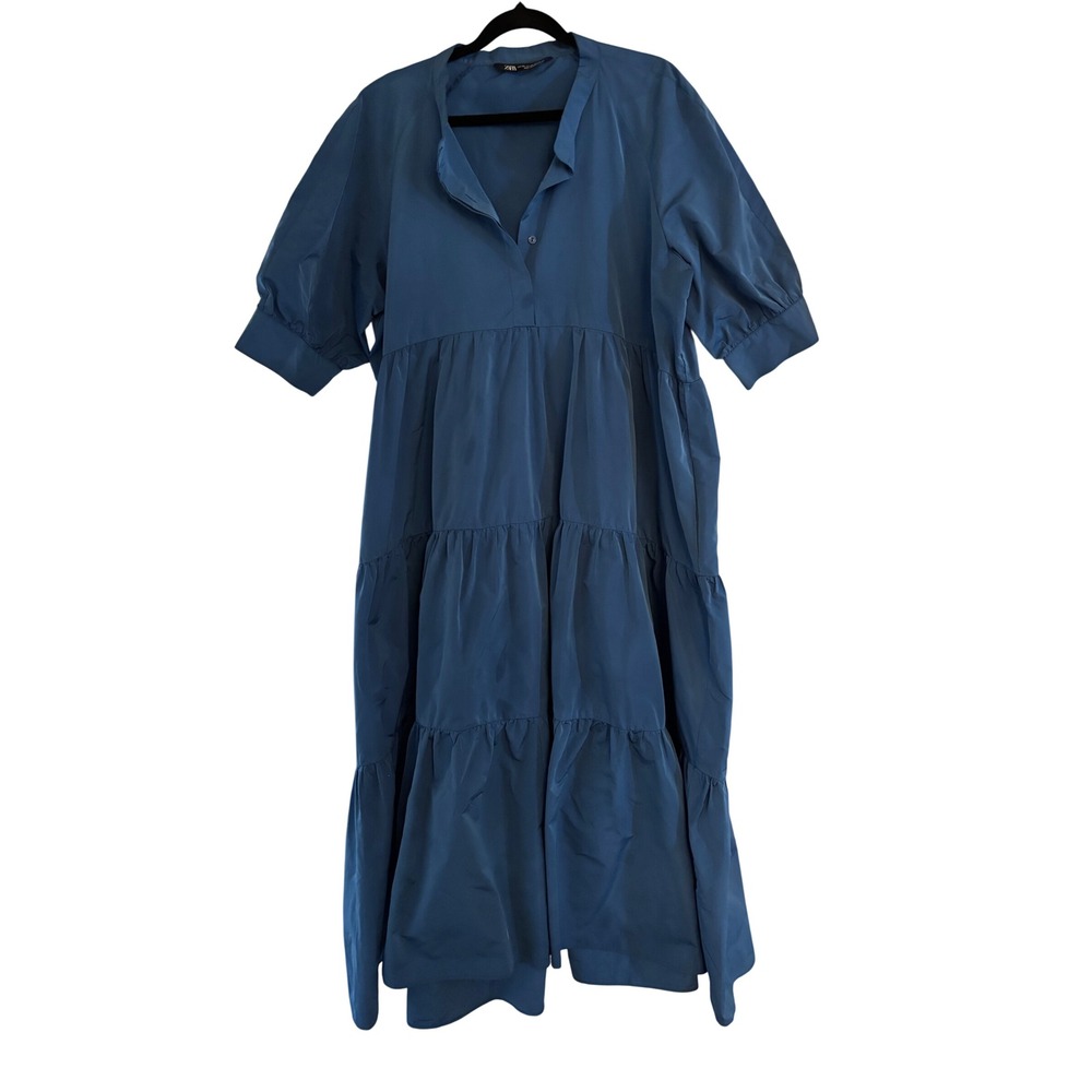 Zara Womens Blue Tiered Midi Dress Short Puff Sleeve Split V-Neck XXL